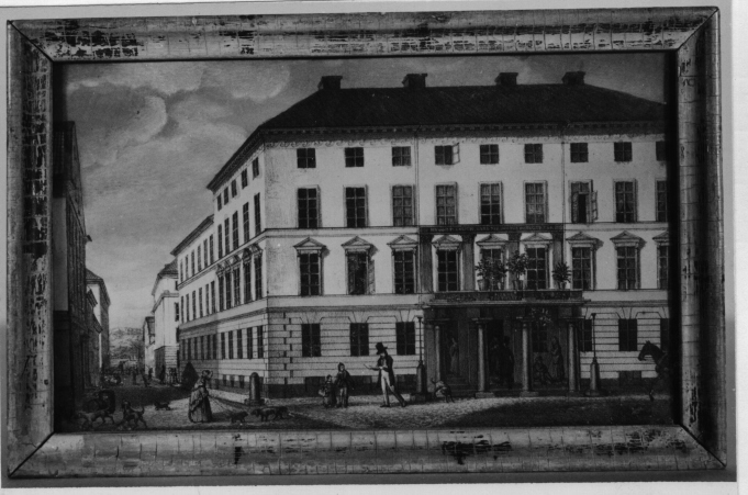 Litografi, kolorerad, av Ferdinand Tollin (1807 -
1860)föreställande posthuset på Lilla Nygatan 6 i Gamla Stan,
Stockholm,det nuvarande Postmuseum. Huset ses från nuvarande
Kåkbrinken. Bladetär monterat i en sliten träram utan passepartout.
Ingen marginalomger det tryckta motivet.