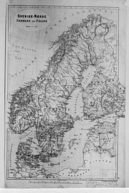 Karta över de nordiska länderna, Sverige, Norge, Danmark och Finland. På kartan, som är från 1900-talets början, har det svenska väldets postanstalter och postgångar år 1643 ritats in för hand.
Skala 1:5 000 000.