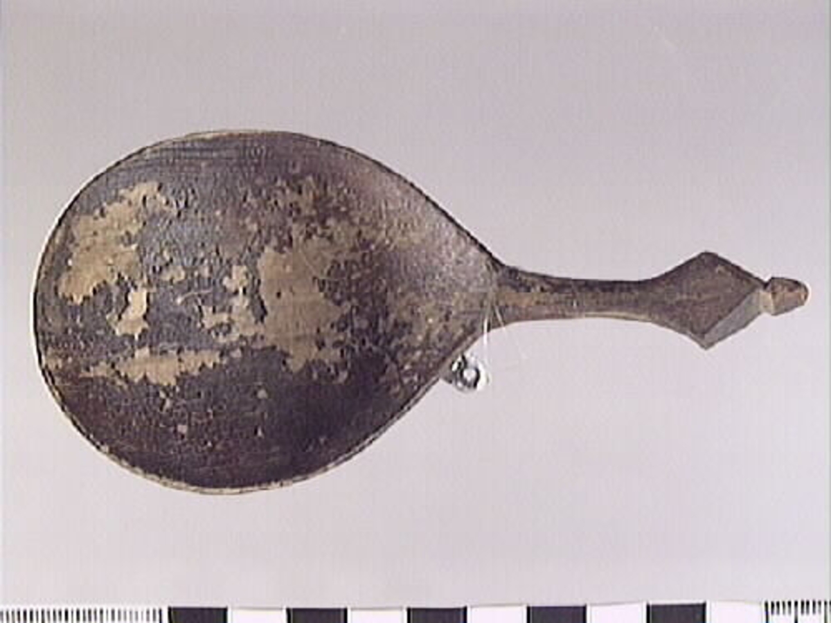 En träsked. Skeden har ett ovalt skedblad och ett kort skaft. Skaftets ände är rombformat samt försett med en liten knopp. På skedbladet syns en inristad dekor.

Skeden är välbevarad och har synliga färgspår.

För mer information se Dokumentationsblankett under Referenser – Länkade filer.