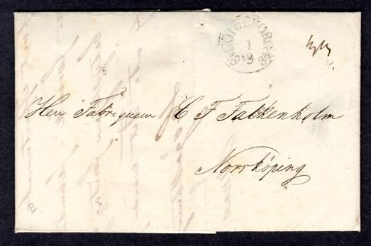 Förfilatelistiskt brev skickat från Göteborg den 1 september 1834 till Fabrikören C F Falkenholm i Norrköping.

Brevet har genomstungits och desinficerats och är ett av få kända inhemska "kolerabreven"; brev som specialbeandlats i ett försök att stoppa spridningen av kolera. De första fallen av kolera i Sverige visade sig i juli 1834 och i augusti samma år bröt den första epidemin ut i Göteborg. 

Stämpeltyp: Normalstämpel 6  typ 3