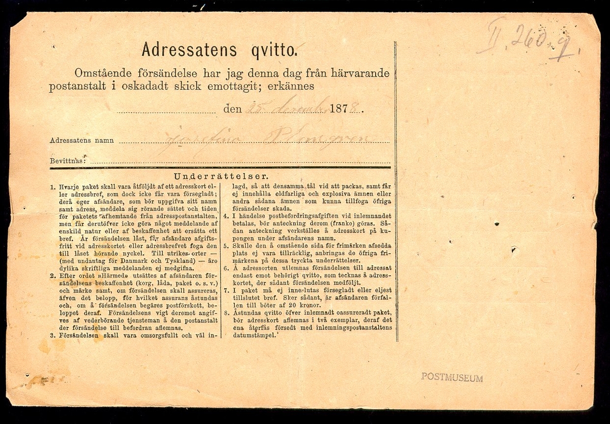 Adresskort till paket från poststationen Majorna den 24 december 1878 till Onsala i Halland. Frankerat med 20 och 30 öre "ringtyp", perforering 13. Stämpeltyp, normalstämpel 16 och paketstämpel Göteborg. Monterat på albumblad.