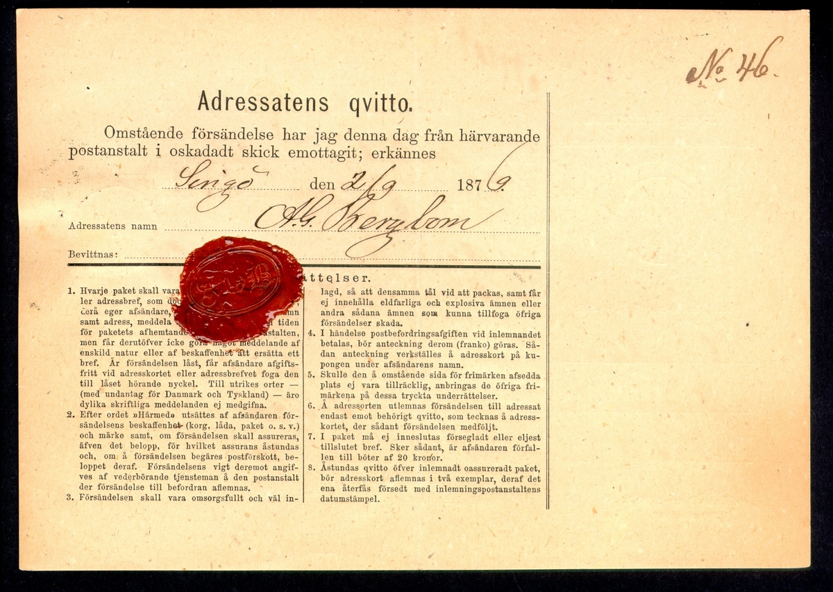 Albumblad innehållande 1 monterat brev

Text: Adresskort till paket från Häfverö den 1 september 1879 till
Singö, rankerat med 30 öre Rintyp, perf 13.

Etikett/posttjänst: Adresskort till postpaket

Stämpeltyp: Normalstämpel 10