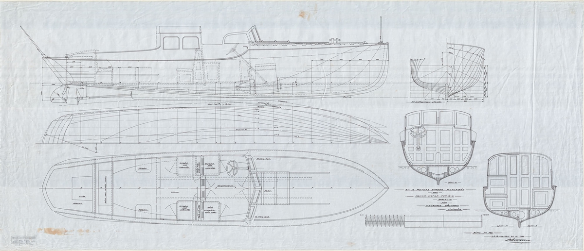 Snabbgående motorbåt.
Konstruktionsritning i plan och profil