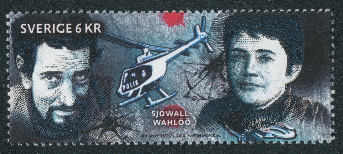 Frimärke: Porträtt av Maj Sjöwall och Per Wahlöö som lade grunden till den moderna svenska kriminalromanen med böckerna om kriminalkommissarien Martin Beck.