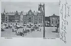 Stora torget med torghandel, hästar och vagnar. I bakgrunden ses bl a Granska huset. Vykortet har  en personlig gratulationshälsning med årtalet 1905. Tryckt bildtext: 