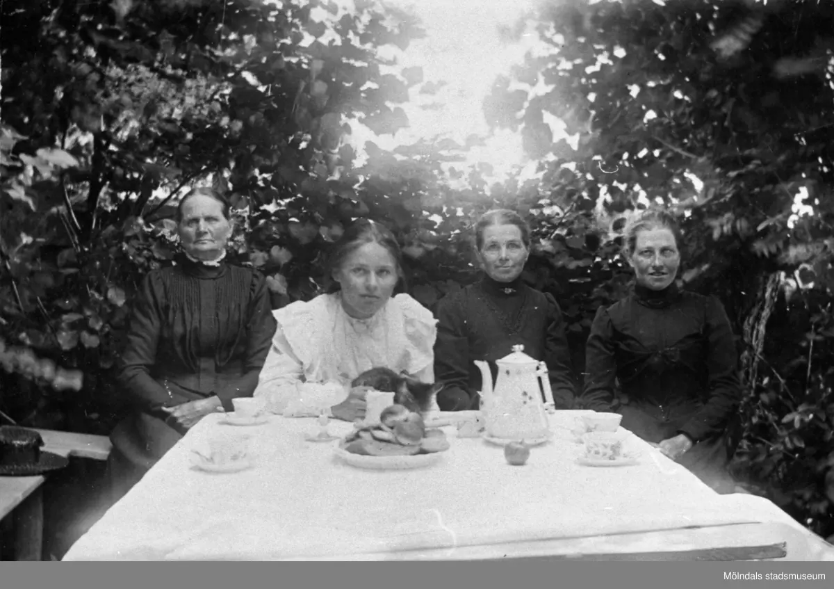 Från vänster sitter Maria Eriksson, Valdeborg Johansson med en katt i famnen, Josefina Eriksson och Anna Carlsson, 1910-tal. Anna var piga hos Josefina och Maria. 
Text på baksidan av fotot: "I Bersån till 'Olas' i Vommedal". Fotot är samtida som 1992_0027.
(Maria är syster till Josefina och moster till Valdeborg).