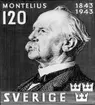 Oscar Montelius 1943. Förslagsteckning av Torsten Schonberg.
Utgivet 9/9 1943. Valör 1:20 kr.