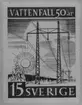 Förslagsritningar - ej antagna - till frimärket Vattenfall 50 år, utgivet 20/1 1959. 380 kV-ledningar. Konstnär: Tor Hörlin. Förslag. 30-öresvalören (