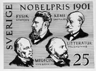 Frimärksförlaga till frimärket Nobelpriset 1901, utgivet 9/12. WC Röntgen (1845 - 1923) i fysik, RFA Sully- Prudhomme (1839 - 1907) i litteratur, EA von Behring (1854 - 1917) i medicin, JH vant Hoff (1852 - 1911). Förslagsteckningar. (I Postmusei samlingar). Ej antaget förslag utfört av Mark Sylwan. Valör 25 öre.