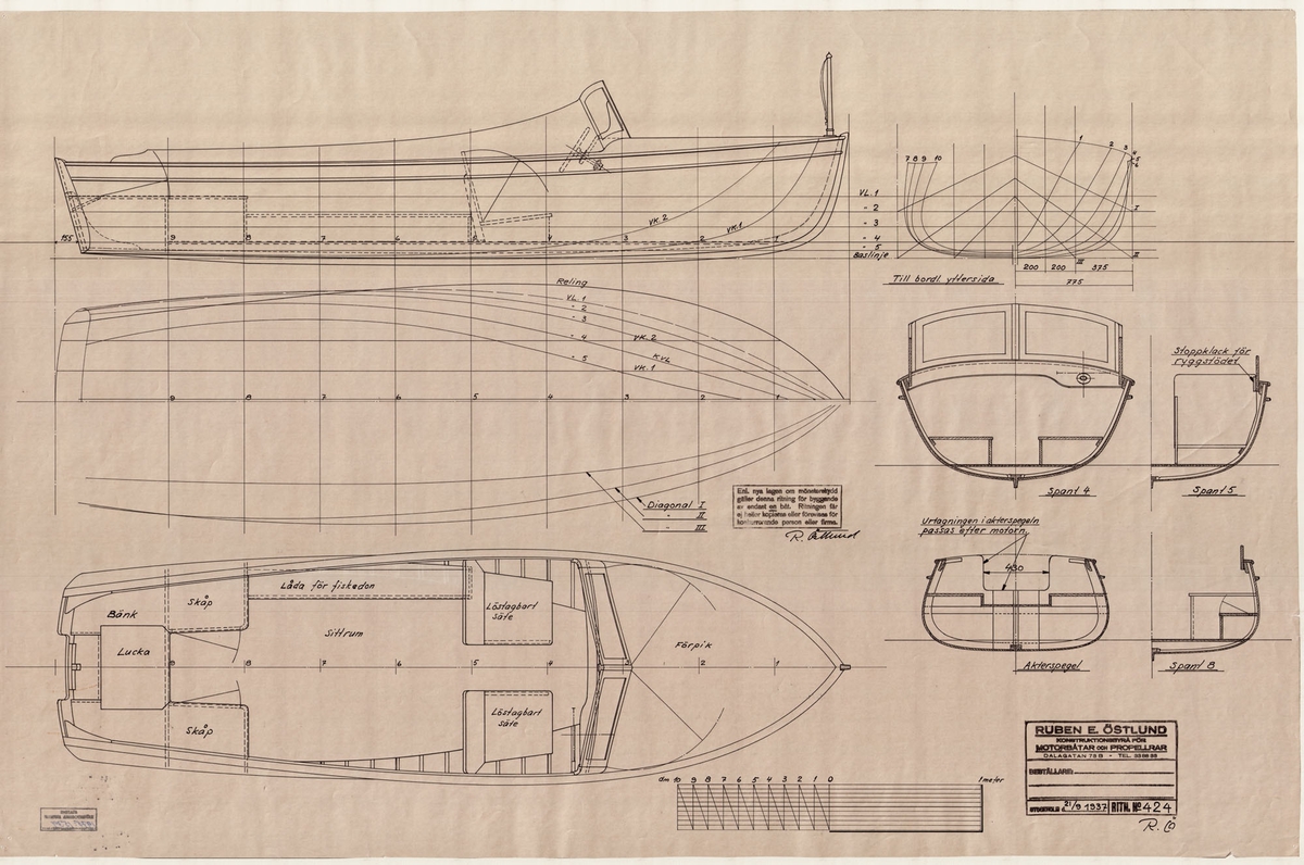 Linje- och inredningsritn. m 424, sk 1:10, sign 1937