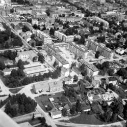 Flygfoto med de nya husen vid Bergsgatan. I centrum på Nygat