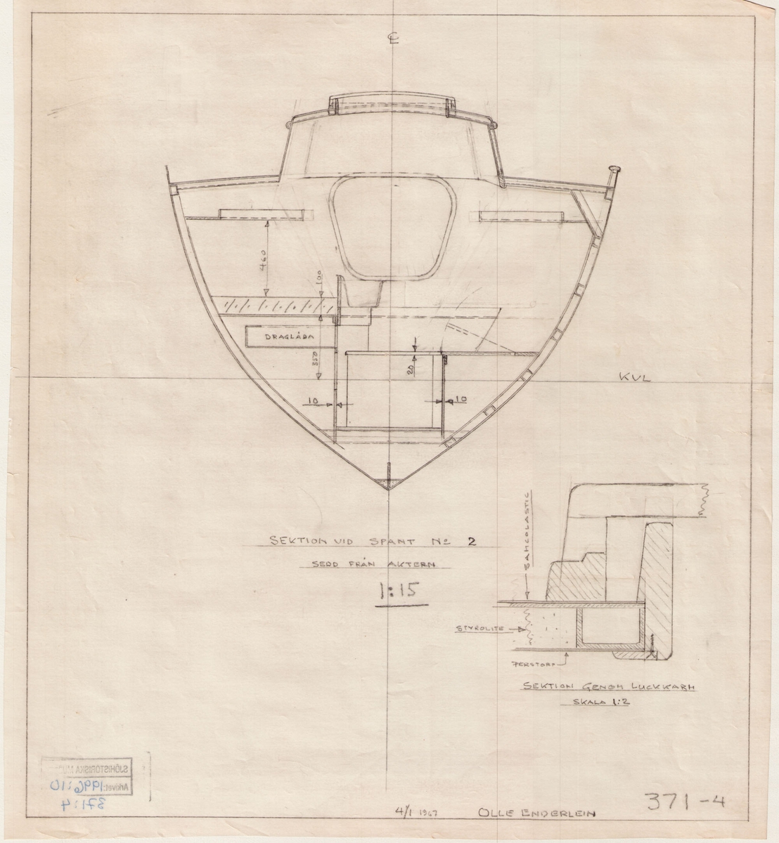 Auxiliary ketch.

sektioner, inredning med detaljer