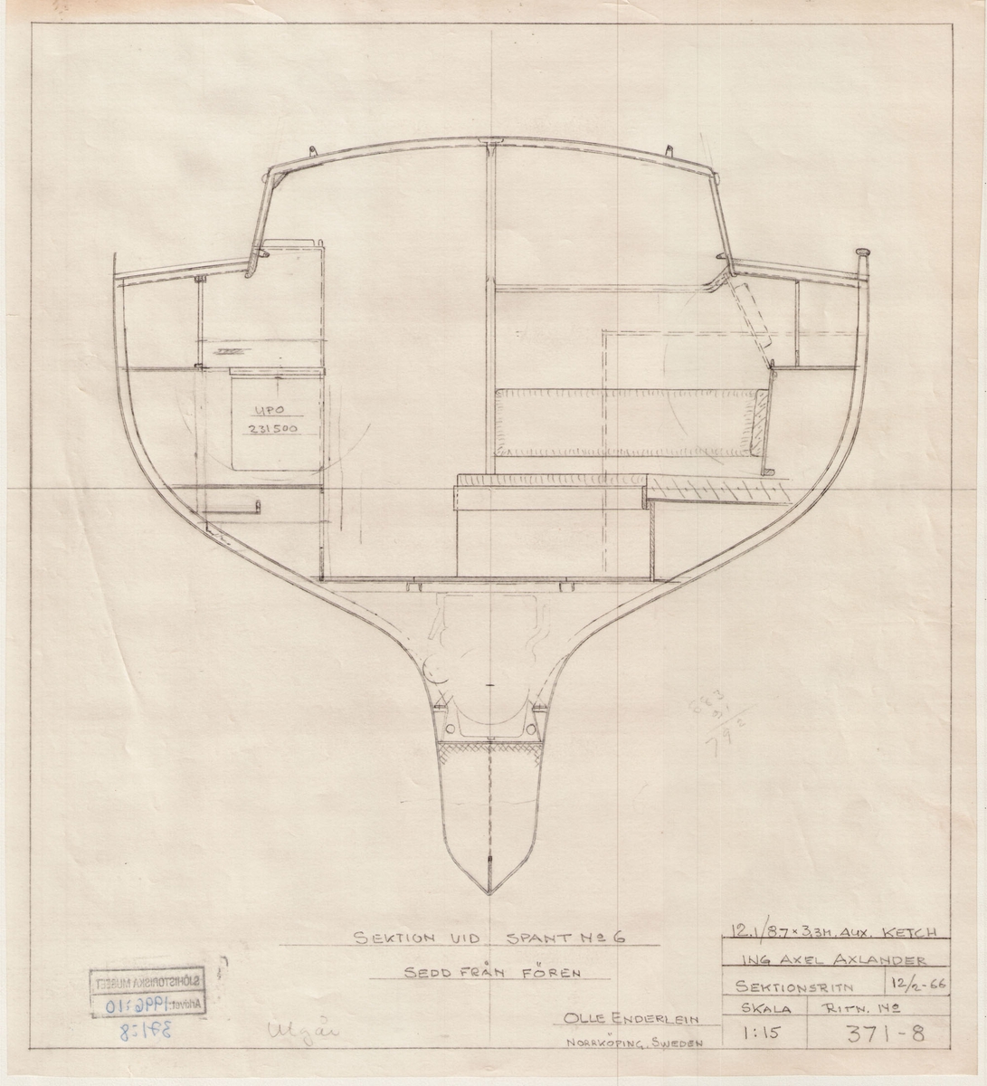 Auxiliary ketch.

sektioner, inredning med detaljer