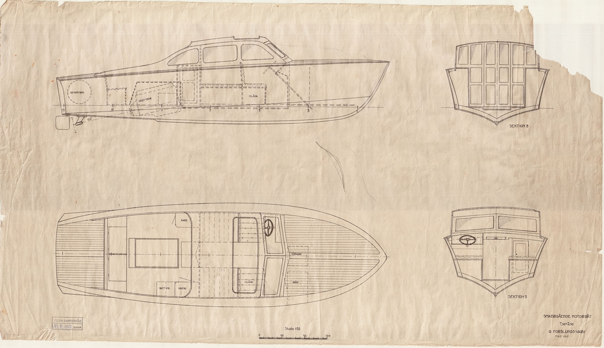 Snabbgående motorbåt.
Inredningsritning i plan, profil och sektion