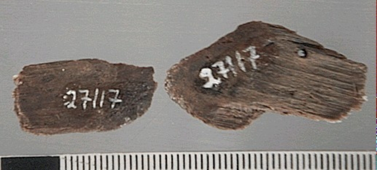 Delar av en träsked. Delarna utgör två mindre partier av skedbladet. I den ena delen syns ett litet runt hål.

Delarna är mycket slitna och fragmentariska.

För mer information se Dokumentationsblankett under Referenser – Länkade filer.