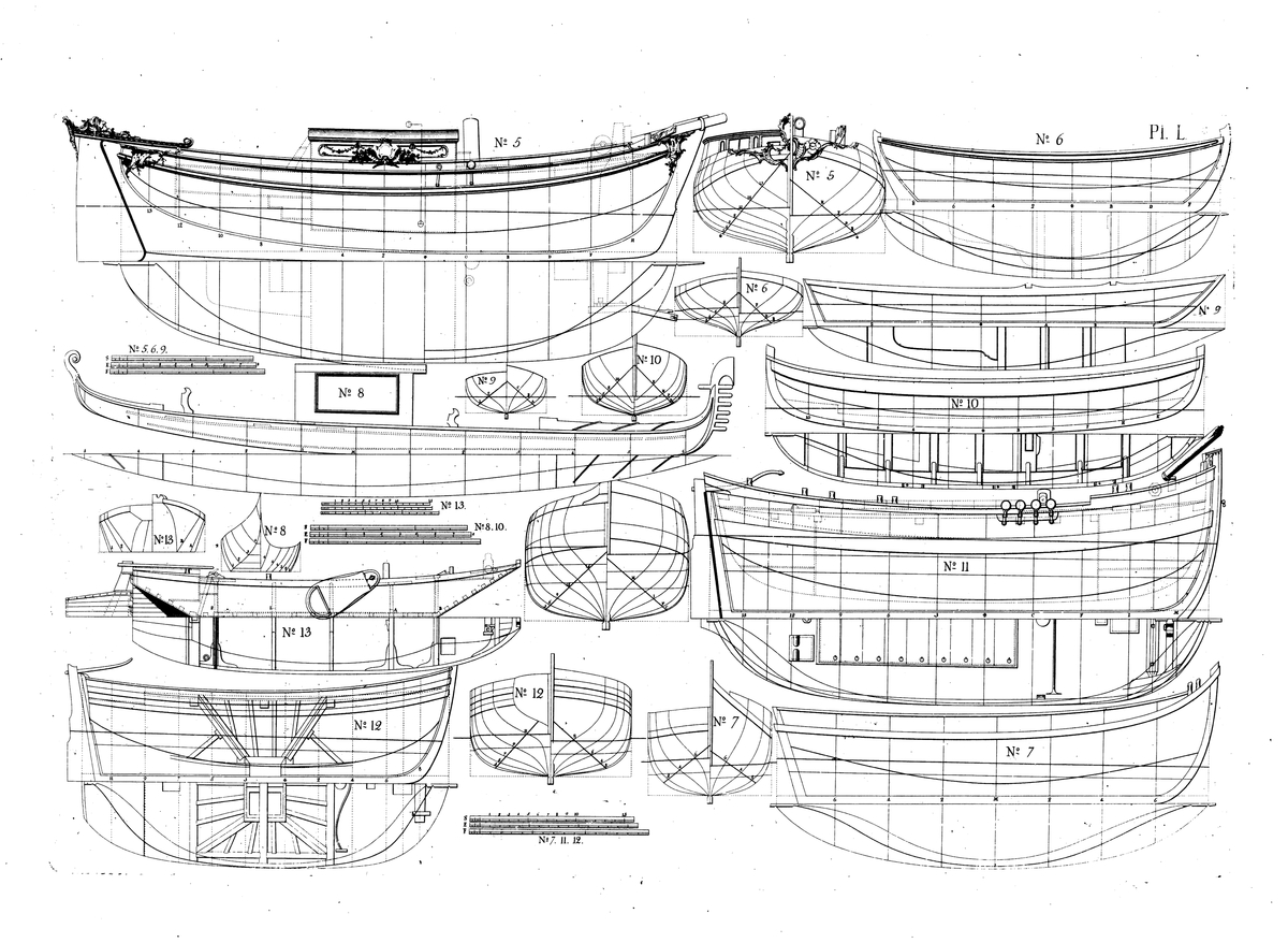 En svensk bojort (ritning nr 5), norsk julle (6), spansk bark (7), venetiansk gondol (8), engelsk wherry (9), "Grönlands-farare Slup" (10), engelsk hoj (11), engelskt "Ballast-Fartyg" från Newcastle (12) samt engelsk "Chalk Barge", pråm använd för att frakta laster av krita (13). Profil-, spant-, plan- och linjeritningar.