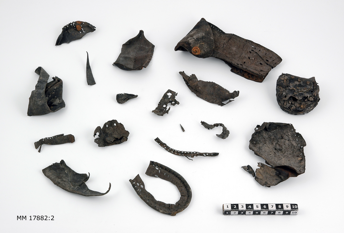 Sjöfynd från vraket Nya Riga. 16 fragment av läder, flertalet tydliga rester av skor med sula och klack försedd med pliggar. Spår efter sömmar. Hälften är större fragment.

För dimensioner på de enskilda bitarna, se inventariebilaga.
