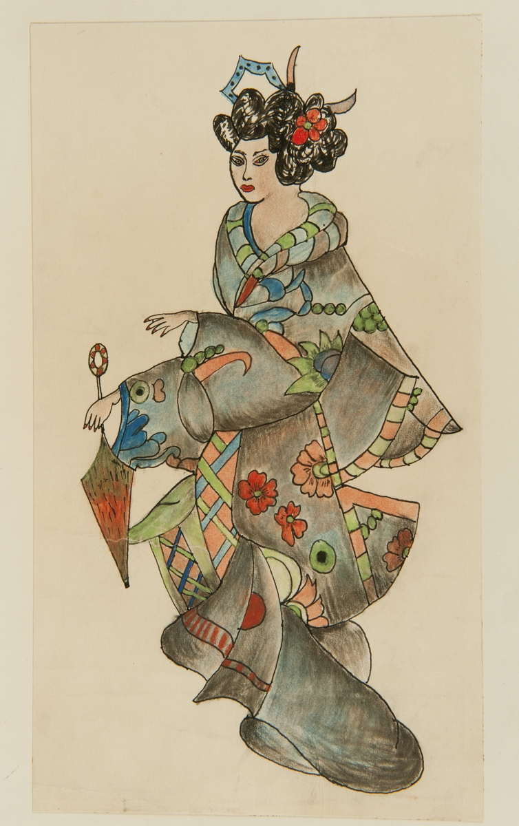 Tatueringsförlaga. Geisha i blågrå dräkt.

"En europeisk tolkning av en japansk geisha. Den japanska tatueringskonsten har varit framstående och har fortsatt att blomstra. Det finns idag exempel på japanska tatuerare som ställer ut på konstgallerier. För en sjöman kunde den här typen av motiv visa att man var berest. Tatueringen kunde vara ett sätt att skriva en reseberättelse på sin kropp och bära med sig platsen man varit på."

Text från appen "Tatuera dig med Sjöhistoriska" som gjordes i samband med utställningen Tro, hopp och kärlek 2012.