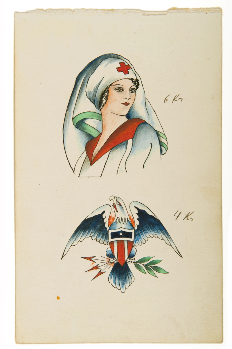 Tatueringsförlaga. Två olika motiv. 1. Sjuksköterska. 2. Förenklad version av amerikanska statsvapnet.