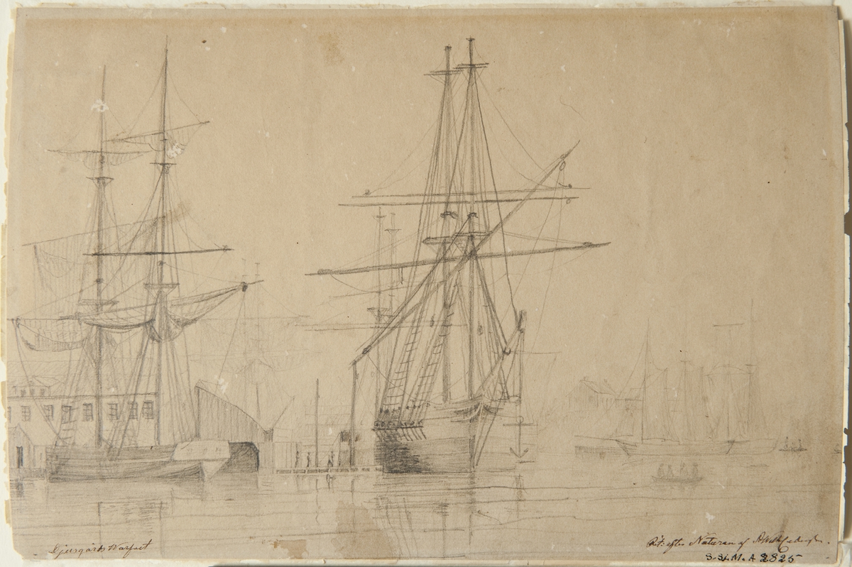 Blyertsteckning av Djurgårdsvarvet P. W. Cedergren.