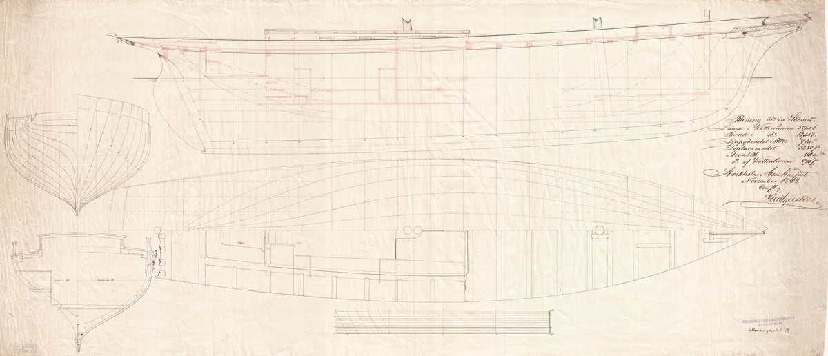 Linjeritning i profil och plan med inredning jämte tvärsektion och spantruta
