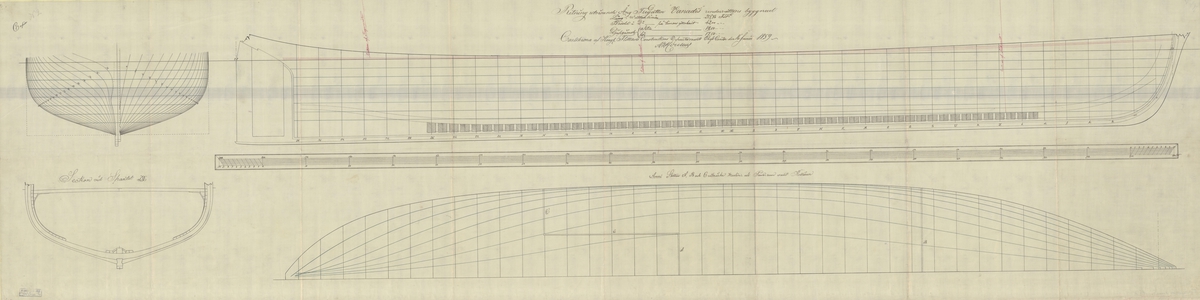 Konstruktionsritning. Profil, plan  med linjer, Spantruta och midskeppssektion