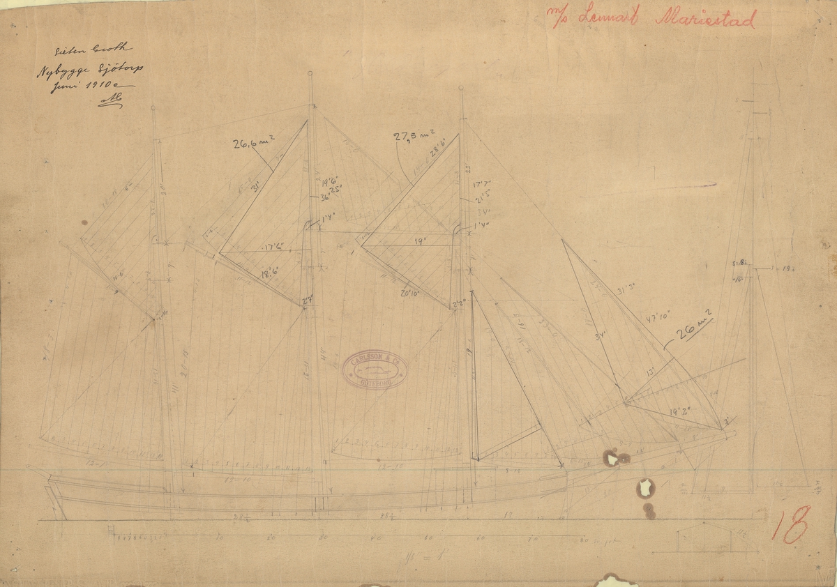 M/S Lennart, tremastad skonare. Ritad av Sixten Groth, Sjötorps varv, 1910.
Segelritning