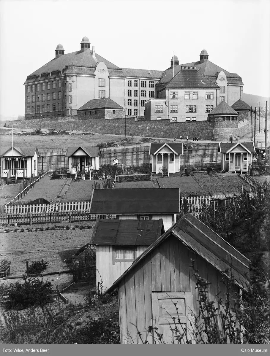 Rosenhoff skole, mur, Rodeløkkens kolonihager, hytter, mennesker