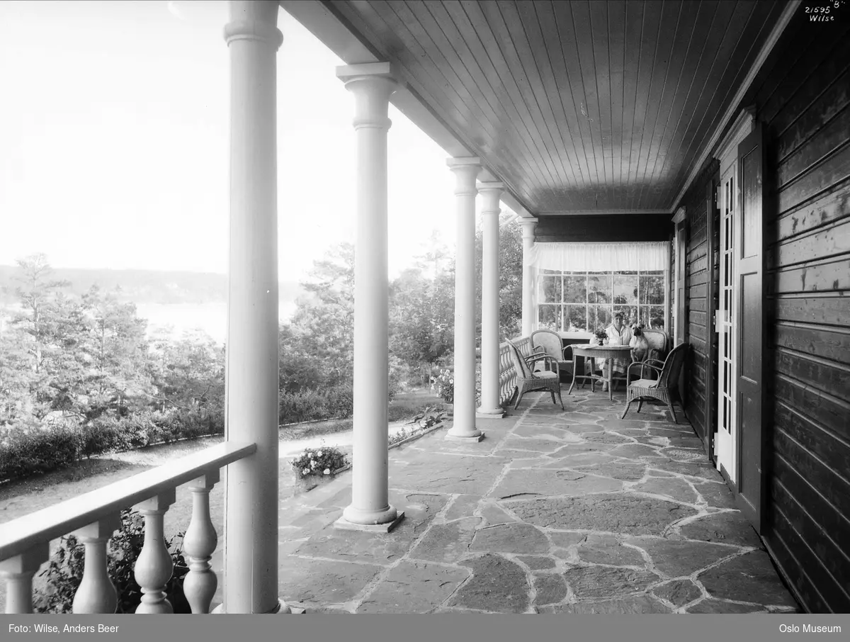 villa, loggia, søyler, terrasse, hagemøbler, kvinne, hund, hage, utsikt