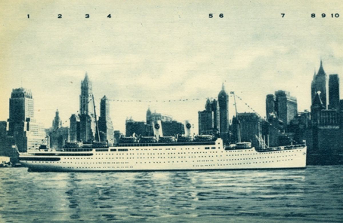 M/S "Gripsholm". Swedish American Line*Gothenburg Direct New York & Canada. Printed in Sweden. Pass. 48.978. Manhattan Skyscrapes: [uppräkans med nunmrering skyskarporna..]