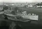 Depåfartyget Patricia och 1:a ubåtsdivisionen (Sjöormen, Najad och Sjöhästen) vid Skeppsholmen i Stockholm år 1949.