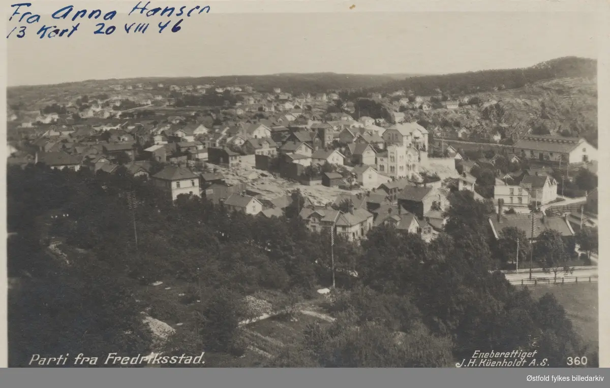 Oversikt over Lykkebergfjellet, Apenesfjellet og Dammyr. Fremme til hø. ses Badehuset. Antagelig tatt fra  på Vestsiden kirke. LITT: Fredrikstad Byleksikon s.13,40,101,134. 

Den store bygningen i bakgrunnen i høyre bildekant er Østfold Fellesslakteri.  Fjellet bak er Dammyrfjellet, som nå kalles Speiderfjellet.  Badet lå til J. N. Jacobsensgt. og Badehusveien gikk bak bygningen.  "Slottet" var eid av redaktør Haugen i Fredriksstad Blad, som bodde tvers over gata.  Parken/haven vi ser i forkant av fotoet er en del av Lykkebergparken.  I den delen vi ser her stod det mange frukttrær.  Denne delen ble lagt ut til boligtomter på 1930-tallet.