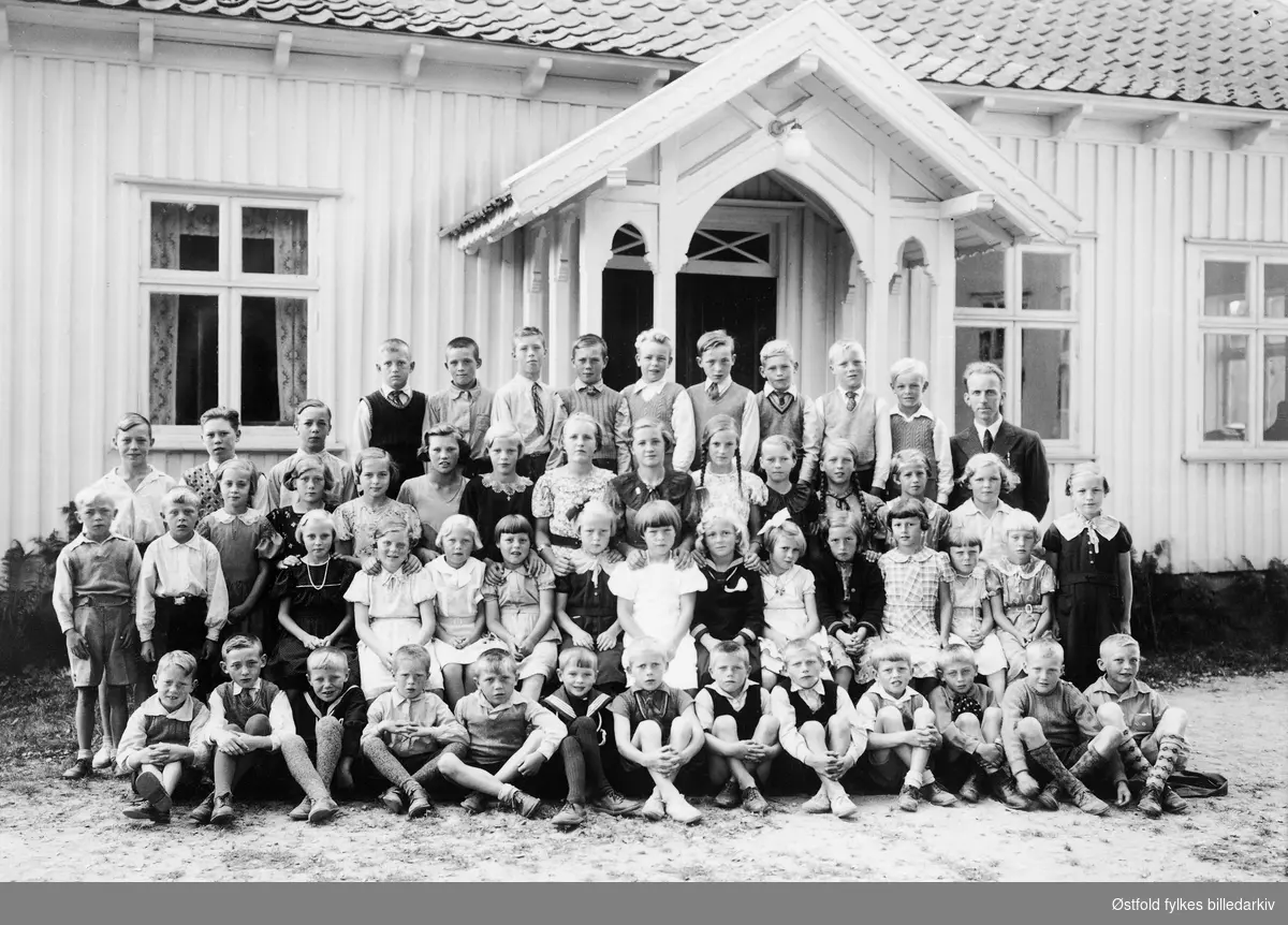 Nylende skole, alle klassene i 1937, med deres lærer Brynjulf Vik, foran skolebygningen. Navneliste med plassering fins.