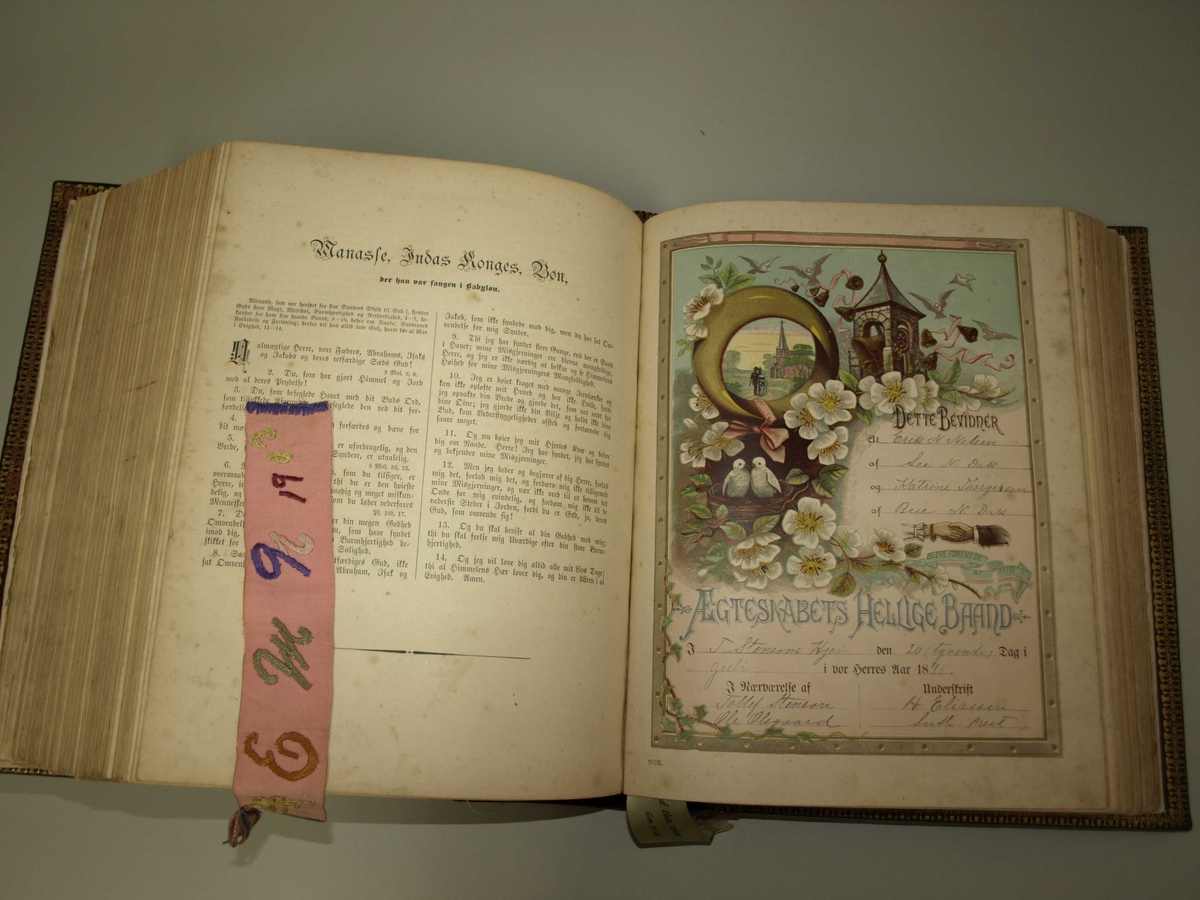 Stor og tung Bibel produsert og brukt opphaveleg i USA. Permen er tjukk og kanskje laga av tre med skinn (?) trekt utanpå. Det er fordjupningar i permen si framside. Bilete og tekst utanpå er forgylt. I Bibelen er det mange illustrasjoner og nokre sider er også i fargar. Det er også vigselsbevis/attest i den og dødsfall til eine eigar er oppført. Bakerst er det plass til fotografi, og det er fleire inni. Det ligg også ved to bokmerke, det eine brodert med initialar, og ein laus illustrasjon.