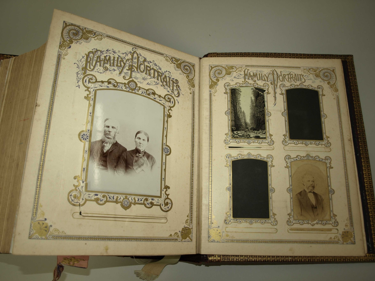 Stor og tung Bibel produsert og brukt opphaveleg i USA. Permen er tjukk og kanskje laga av tre med skinn (?) trekt utanpå. Det er fordjupningar i permen si framside. Bilete og tekst utanpå er forgylt. I Bibelen er det mange illustrasjoner og nokre sider er også i fargar. Det er også vigselsbevis/attest i den og dødsfall til eine eigar er oppført. Bakerst er det plass til fotografi, og det er fleire inni. Det ligg også ved to bokmerke, det eine brodert med initialar, og ein laus illustrasjon.