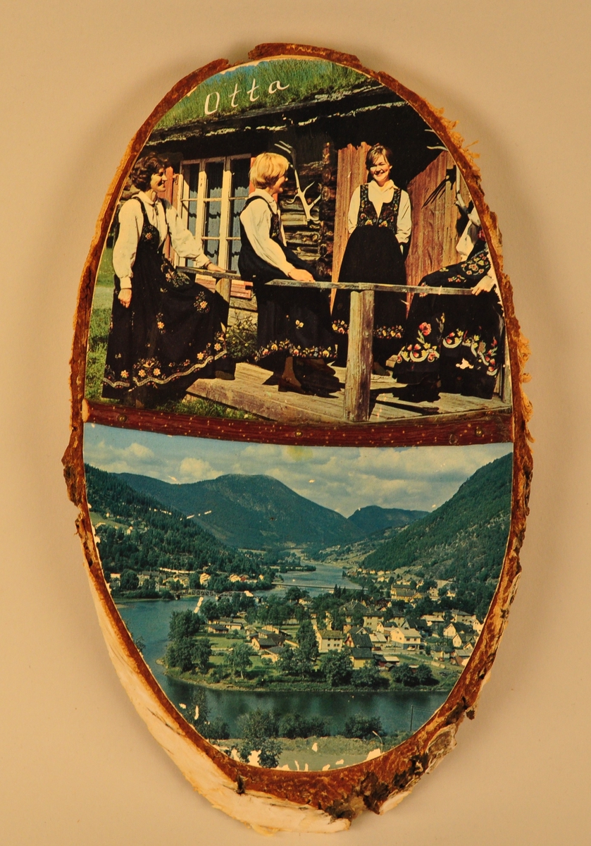 To  postkort frå Otta. Det eine viser bygda ved elva og fjella i bakgrunnen. Det andre viser bunadskledde jenter .