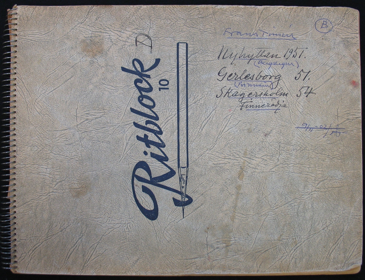 Frans Timéns skissbok från åren 1951 och 1954 med skisser från bland annat Nyhyttan i Bergslagen, Gerlesborg, Finnerödja och Skagersholm.