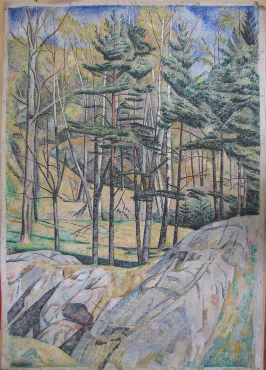 Oljemålning på duk, omonterad: Berg och ängar, Morlanda,
Bohuslän. 1936 Målad av Frans Timén.