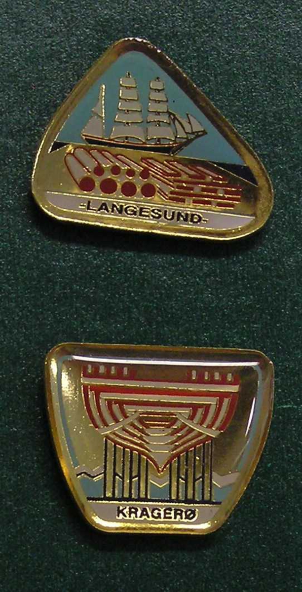 Skien = helleristning, Porsgrunn = porselsfabrikken, Brevik = skarpseilerne, Langesund = utskipningshavn, Kragerø = skipsbyggerverftene og Portør = kompassrosa