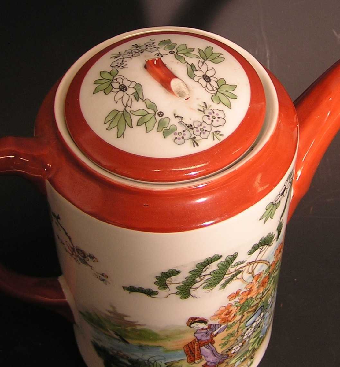Japansk landskap med geisha og mange blomster.