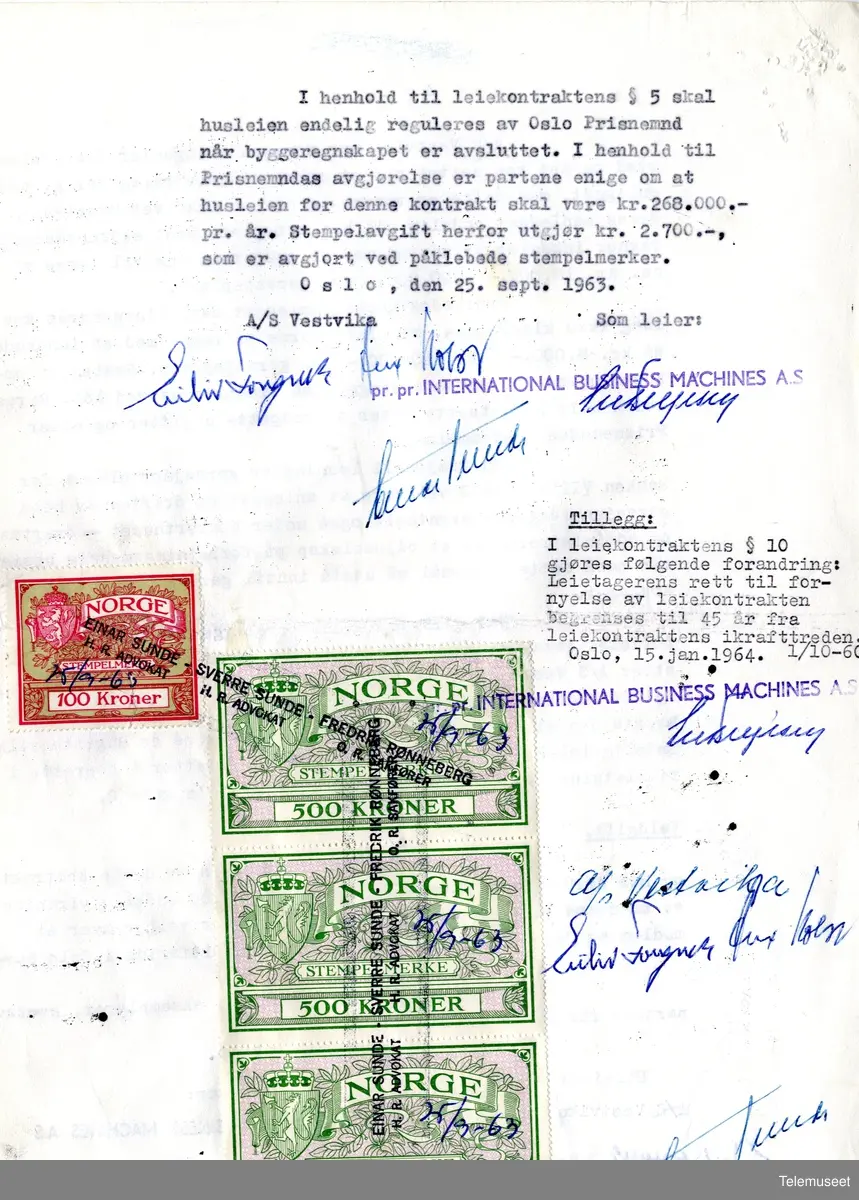 3.7  IBM - Bygg og eiendomsavdeling -  leiekontrakt mellom International Business Machines A/S og A/S Vestvika. Haakon VII gt 2, med tilliggende garasjeanlegg. Oslo, 25 sept 1963