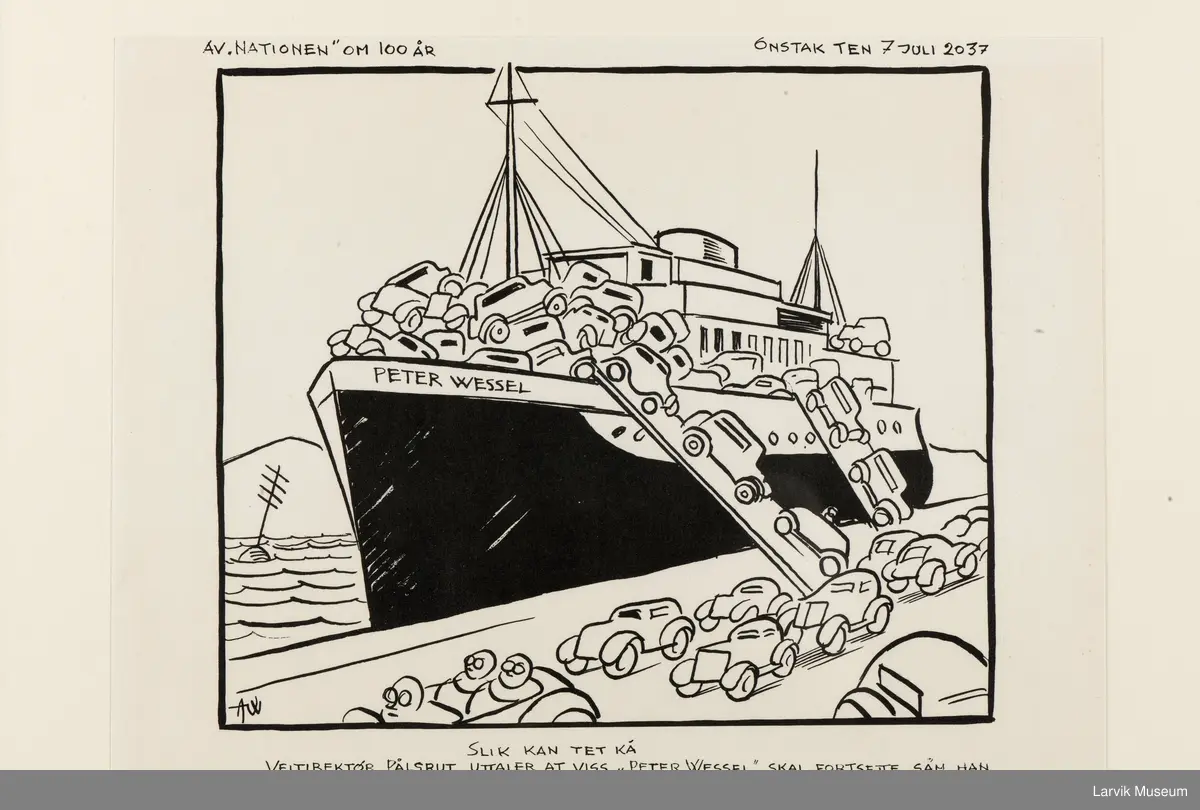 Karikaturtegning av Peter Wessel under lossing av biler.