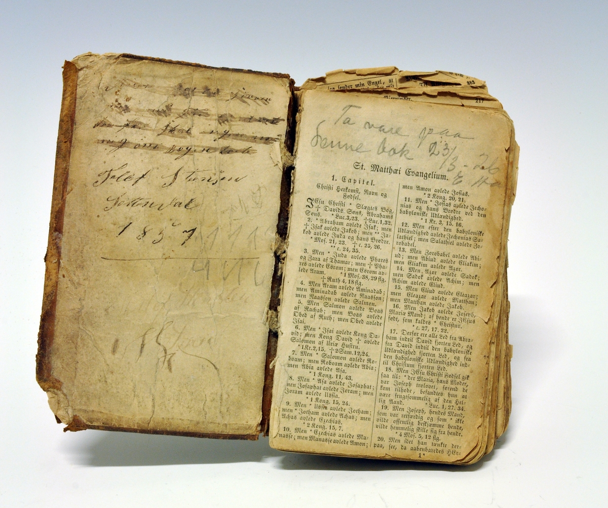 Det Nye Testamentet med Salmer bakerst i boka. Mangler tittelblad m.m.