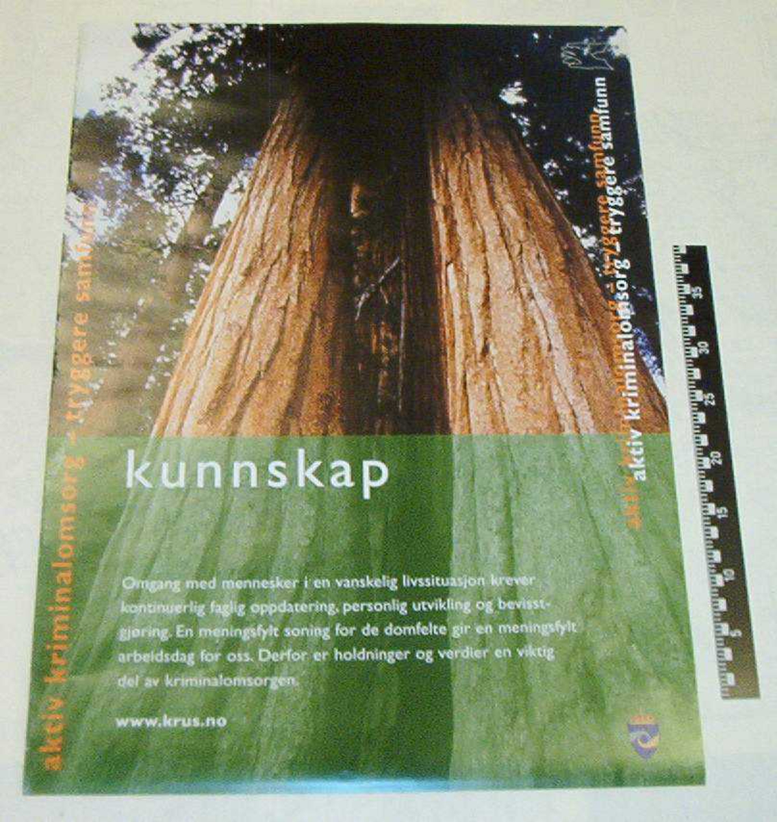8 plakater om AKTIV KRIMINALOMSORG:
a:  2 stk. kunnskap
b:  2 stk. samarbeid
c:  2 stk. respekt
d:  2 stk. respekt, samarbeid, kunnskap
