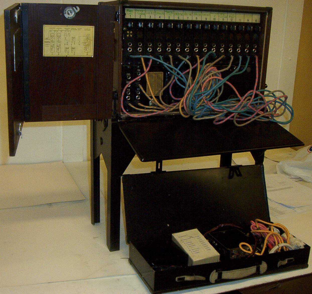 Telefonsentral (feltveksler) av eldre type med ledninger og plugger i grønn transportkasse på fire bein.