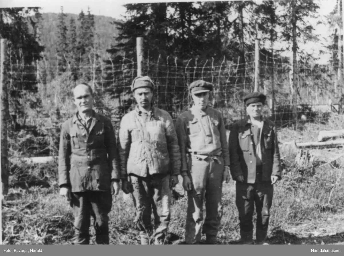 Lassemoen, Namsskogan, mai 1945. Russerleiren ved Lassemoen, 4 russiske krigsfanger.