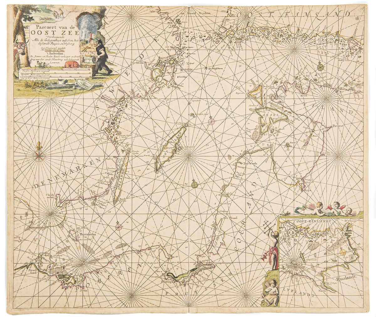 Karta över södra Östersjön.  Visar Östersjön med kusterna kring Danmark (Skåne och Blekinge), Pommern, Sverige, Öland, Gotland, Finland, Livland, Preussen.

I vänstra hörnet kring texten syns bland annat en smed.