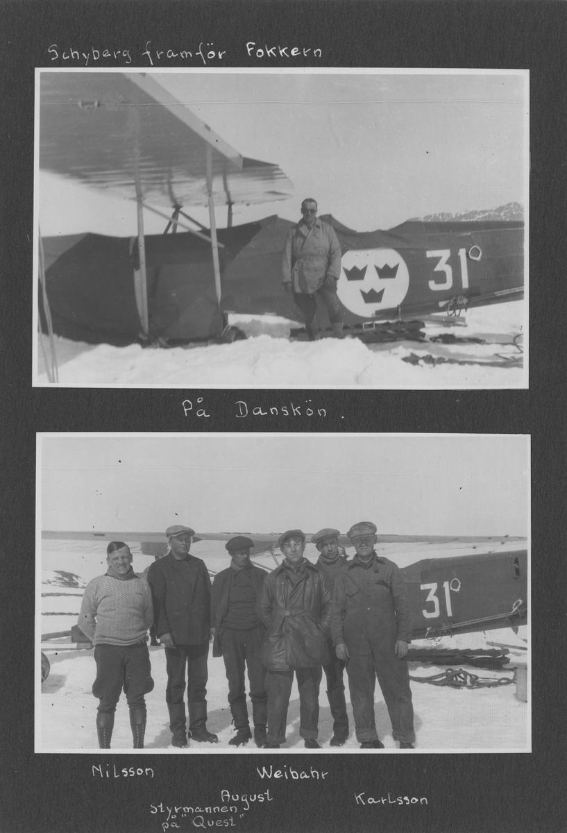 Svenska Spetsbergsexpeditionen 1928, band 2.    Band 2 av 5 dokumentationsalbum från svenska Spetsbergsexpeditionen år 1928, där Umberto Nobile och besättningen på luftskeppet Italia räddades.  49 fotografier monterade på 27 albumblad.    Motiv: Räddningsexpedition av Umberto Nobile, lägret vid det kraschade Italia-fartyget; Einar Lundborgs strandad på isen, tillbaka i lägret efter räddning.  Personer, flygplan, natur, omgivningar, mm.