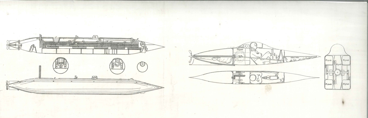 Profil och planritning av undervattensfarkoster. Dena drivs av man med trampkraft. Fyra torpeder finns inritade i konstruktionen.
