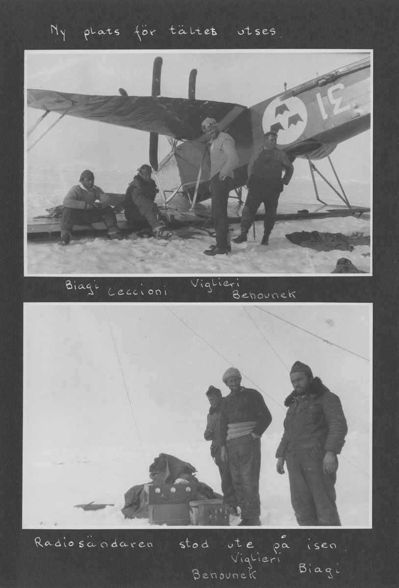 Svenska Spetsbergsexpeditionen 1928, band 2.    Band 2 av 5 dokumentationsalbum från svenska Spetsbergsexpeditionen år 1928, där Umberto Nobile och besättningen på luftskeppet Italia räddades.  49 fotografier monterade på 27 albumblad.    Motiv: Räddningsexpedition av Umberto Nobile, lägret vid det kraschade Italia-fartyget; Einar Lundborgs strandad på isen, tillbaka i lägret efter räddning.  Personer, flygplan, natur, omgivningar, mm.